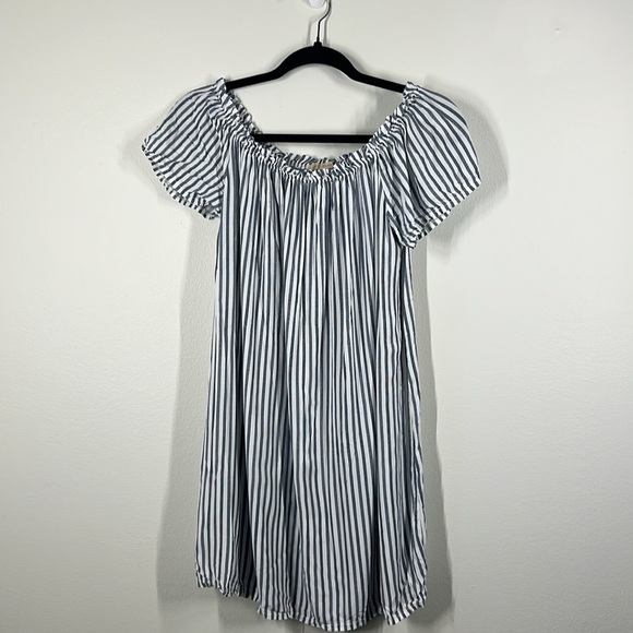 Mia Moda Womens Blue and White Striped Baby Doll Mini Summer Dress Elastic Neck - Picture 2 of 9